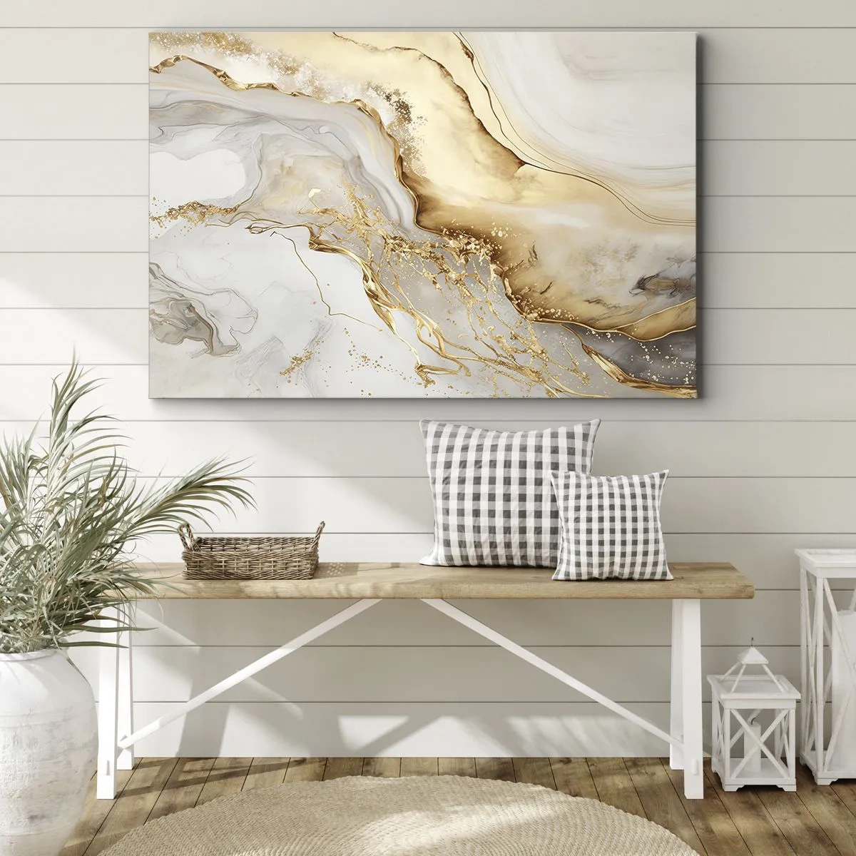 Cuadro sobre lienzo - Impresión de Imagen - Patrones abstractos de oro y mármol sobre un fondo claro. - 70x50cm - Abstracción: belleza y bondad - Decoración de pared moderna para salón y dormitorio ARTTOR
