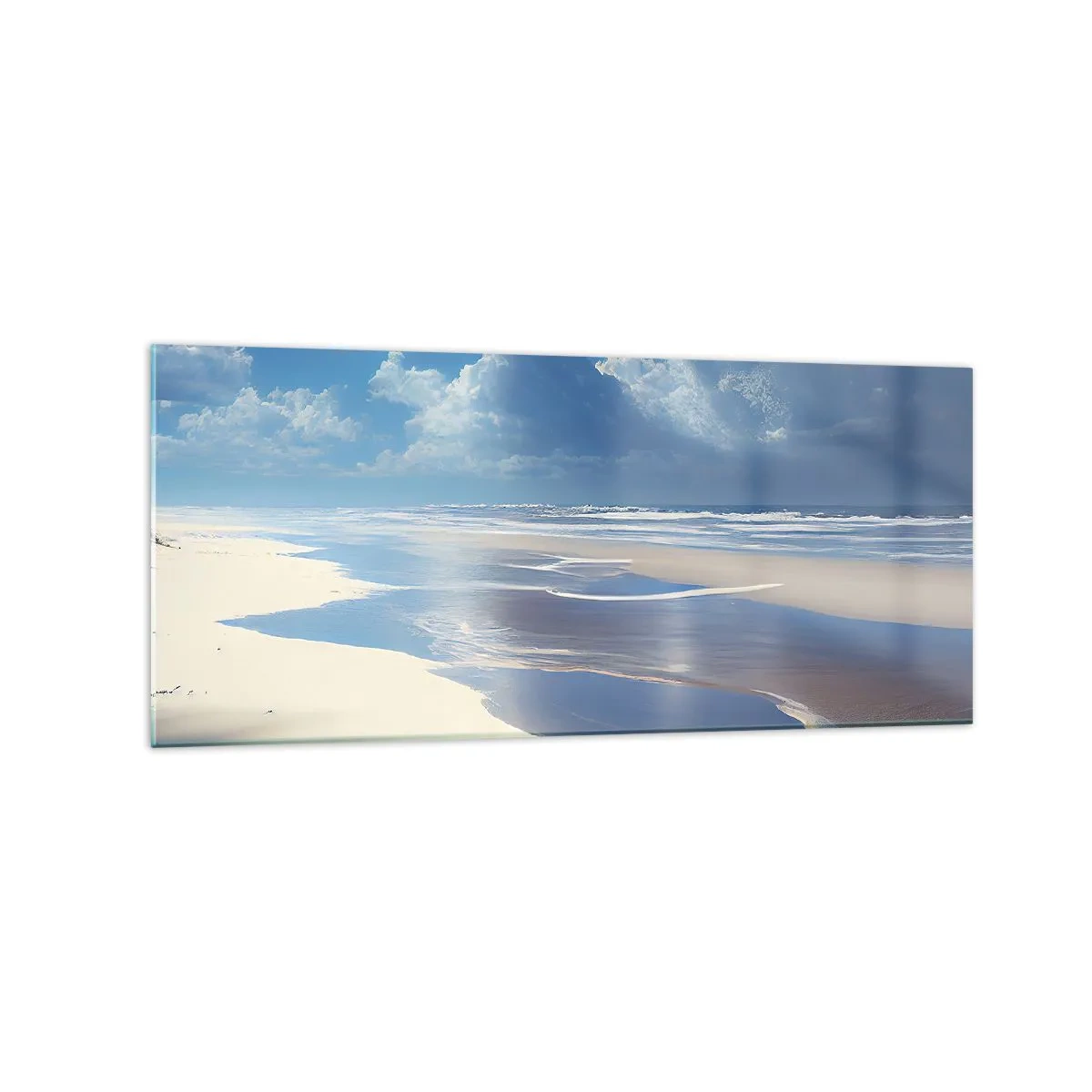 Cuadro sobre vidrio - Impresiones sobre Vidrio - Una playa de arena con olas bajo un cielo azul. - 120x50cm - Vacaciones en el paraíso - Decoración de pared moderna para salón y dormitorio ARTTOR