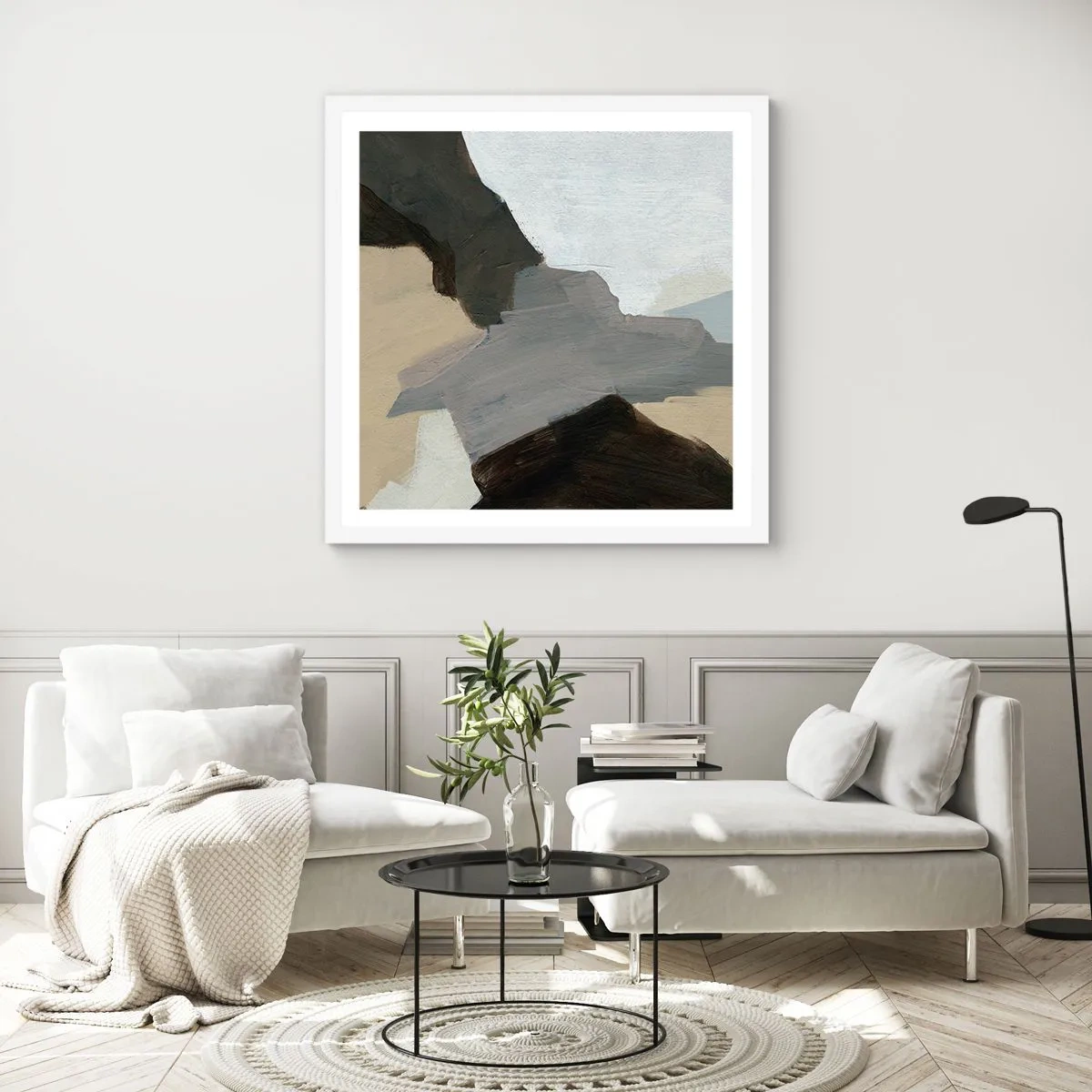 Póster en marco blanco - Abstracción: partes del gris - 40x40 cm