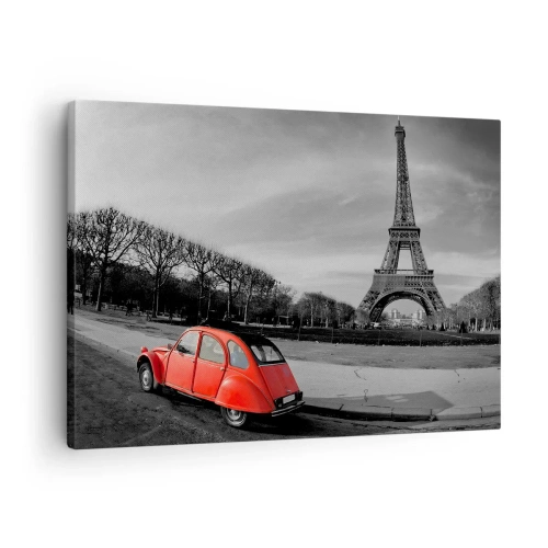 Cuadro sobre lienzo - Impresión de Imagen - Un coche rojo con la Torre Eiffel al fondo en un paisaje en blanco y negro. - 70x50cm - Más parisino que el propio París - Decoración de pared moderna para salón y dormitorio ARTTOR