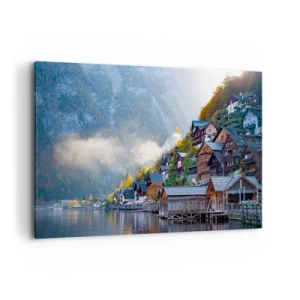 Cuadro sobre lienzo - Impresión de Imagen - Un pueblo de montaña junto a un lago en un paisaje otoñal. - 120x80cm - Ambiente alpino - Decoración de pared moderna para salón y dormitorio ARTTOR
