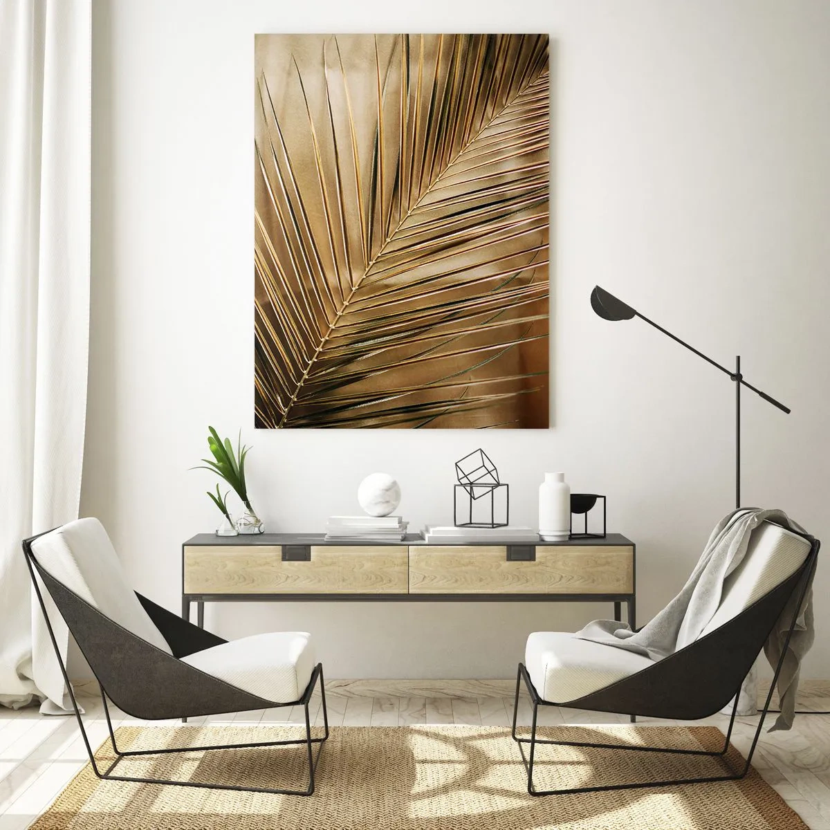 Cuadro sobre vidrio - Impresiones sobre Vidrio - Primer plano de una hoja de palma en tonos marrón dorado. - 50x70cm - Una columnata natural - Decoración de pared moderna para salón y dormitorio ARTTOR