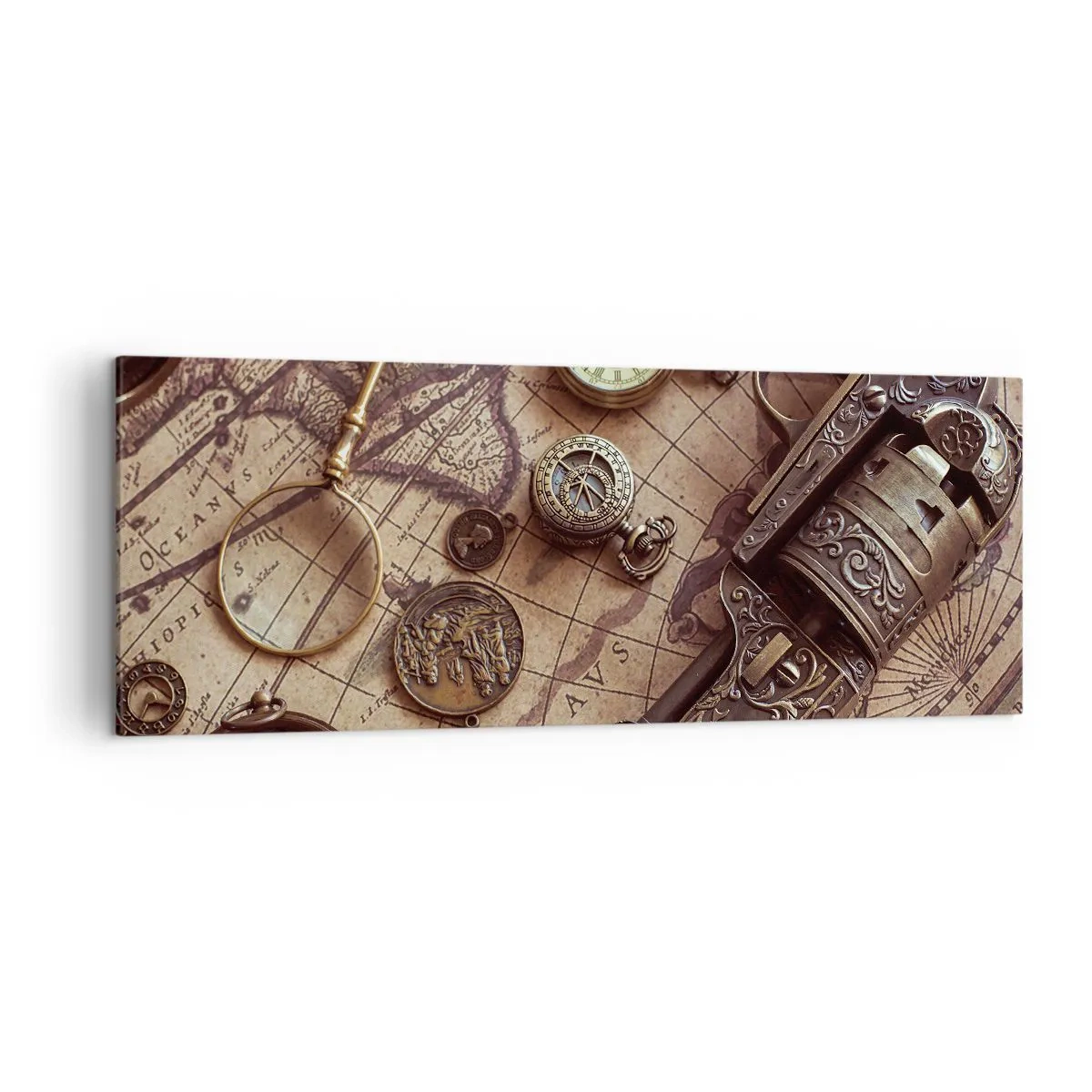Cuadro sobre lienzo - Impresión de Imagen - Objetos antiguos en un mapa antiguo en estilo retro. - 140x50cm - La aventura llama - Decoración de pared moderna para salón y dormitorio ARTTOR