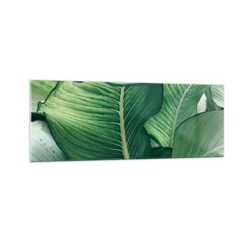 Cuadro sobre vidrio - Impresiones sobre Vidrio - Hojas verdes con detalles expresivos y estructura. - 140x50cm - Vida intensamente verde - Decoración de pared moderna para salón y dormitorio ARTTOR