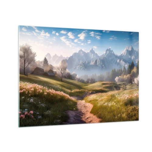 Cuadro sobre vidrio - Impresiones sobre Vidrio - Paisaje primaveral con un valle, flores y montañas al fondo por la mañana. - 70x50cm - Valle idílico - Decoración de pared moderna para salón y dormitorio ARTTOR