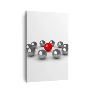 Cuadro sobre lienzo - Impresión de Imagen - Una bola roja rodeada de bolas plateadas sobre un fondo blanco. - 80x120cm - Círculo en plata y rojo - Decoración de pared moderna para salón y dormitorio ARTTOR