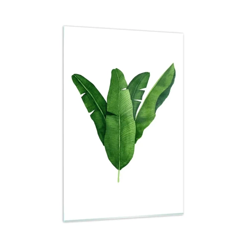 Cuadro sobre vidrio - Impresiones sobre Vidrio - Tres hojas de plátano en un enfoque artístico - 80x120cm - Simetría verde - Decoración de pared moderna para salón y dormitorio ARTTOR
