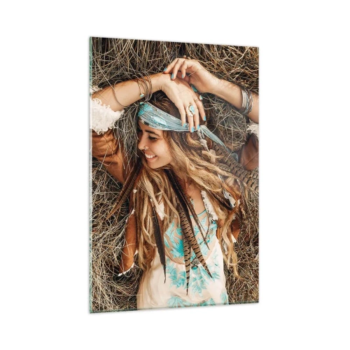 Cuadro sobre vidrio - Impresiones sobre Vidrio - Mujer de estilo boho tumbada sobre el heno - 80x120cm - El verano del amor - Decoración de pared moderna para salón y dormitorio ARTTOR