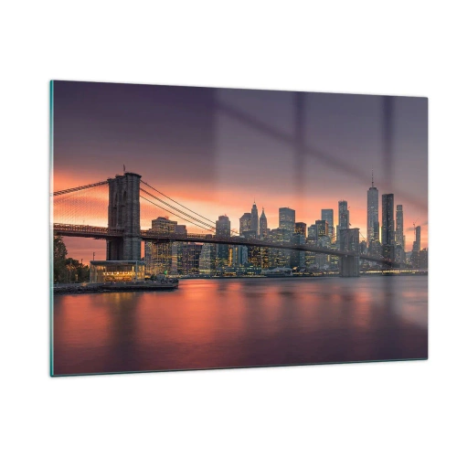 Cuadro sobre vidrio - Impresiones sobre Vidrio - Puente de Brooklyn al atardecer - 120x80cm - Ahogado en el silencio lila - Decoración de pared moderna para salón y dormitorio ARTTOR