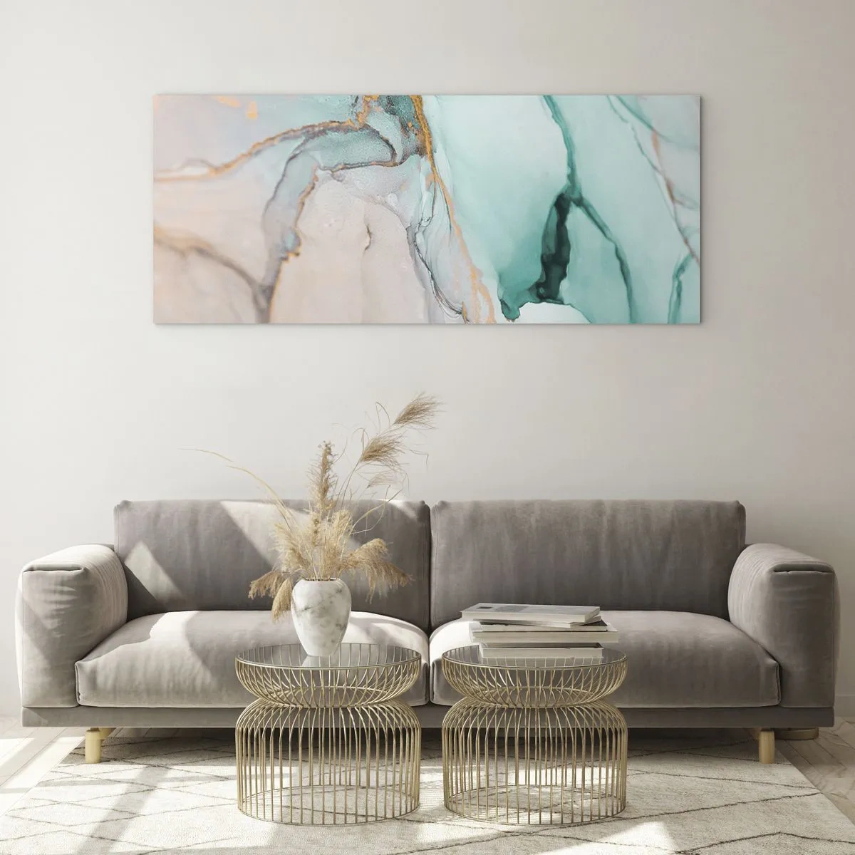 Cuadro sobre vidrio - Impresiones sobre Vidrio - Una composición abstracta en tonos turquesa y dorado. - 160x50cm - Danza de formas y colores - Decoración de pared moderna para salón y dormitorio ARTTOR