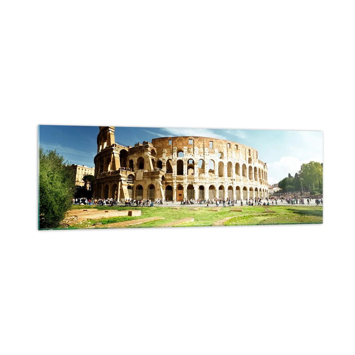 Cuadro sobre vidrio - Impresiones sobre Vidrio - El Coliseo de Roma rodeado de vegetación y cielo azul. - 160x50cm - Todavía se oye el sonido de las armas - Decoración de pared moderna para salón y dormitorio ARTTOR