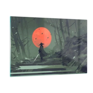 Cuadro sobre vidrio - Impresiones sobre Vidrio - Un guerrero solitario con una espada en el bosque con una luna roja como telón de fondo. - 120x80cm - Guerrero de la luna roja - Decoración de pared moderna para salón y dormitorio ARTTOR