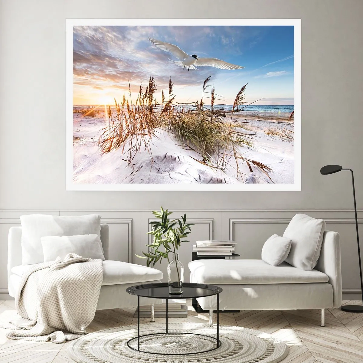 Póster - Playa con gaviotas volando al atardecer - 100x70cm - Viento del mar - Decoración de pared moderna para salón y dormitorio ARTTOR