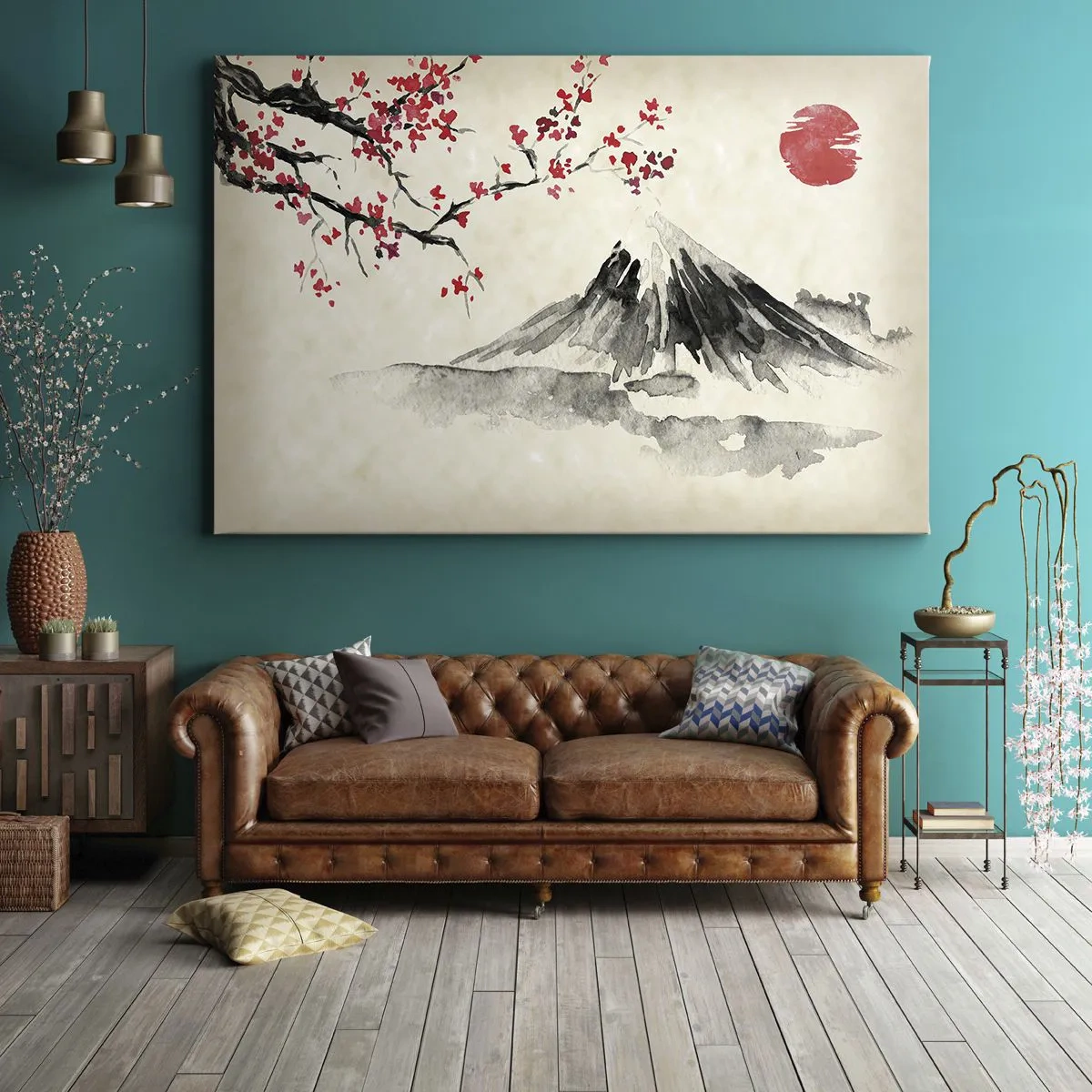 Cuadro sobre lienzo - Impresión de Imagen - Un paisaje pintoresco con una montaña, cerezos en flor y sol. - 70x50cm - Enamórate de Japón - Decoración de pared moderna para salón y dormitorio ARTTOR