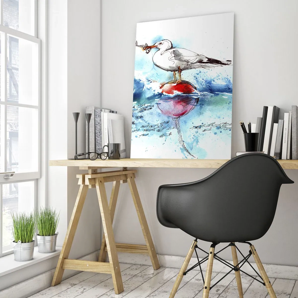 Cuadro sobre vidrio - Impresiones sobre Vidrio - Gaviota en una boya con peces al fondo en estilo acuarela - 70x100cm - Una captura exitosa - Decoración de pared moderna para salón y dormitorio ARTTOR