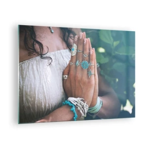 Cuadro sobre vidrio - Impresiones sobre Vidrio - Manos de mujer con joyas bohemias - 70x50cm - Conocimiento interior - Decoración de pared moderna para salón y dormitorio ARTTOR