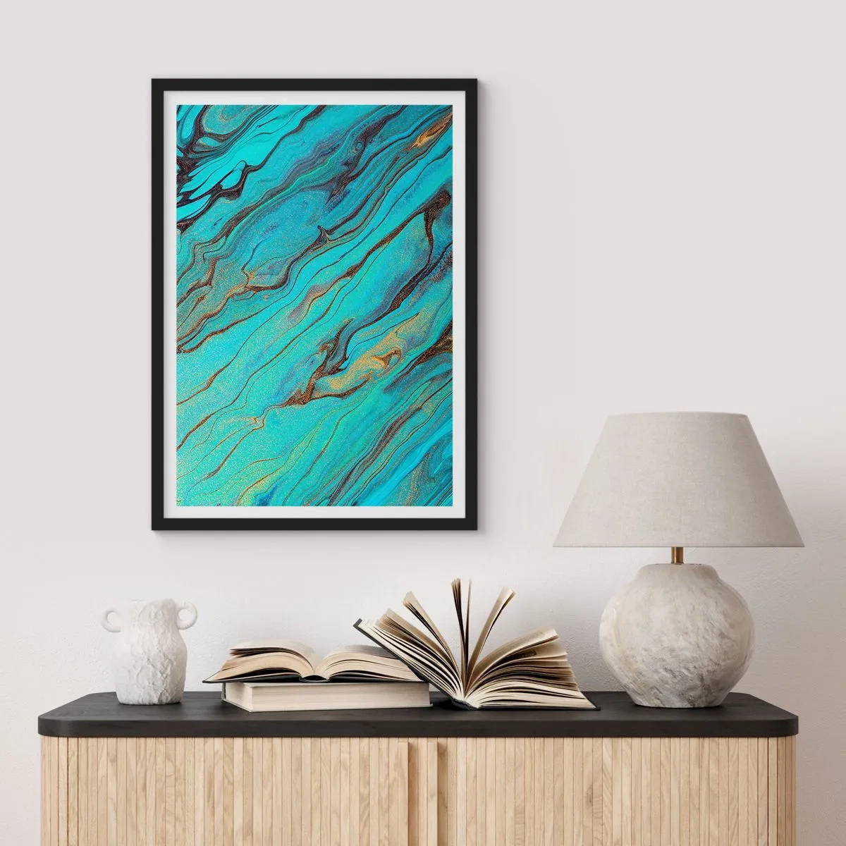 Póster en marco negro - Patrones abstractos en tonos turquesa y dorado. - 50x70cm - Marea turquesa - Decoración de pared moderna para salón y dormitorio ARTTOR