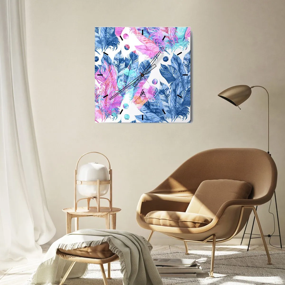 Reloj de pared - Reloj de vidrio - Patrón abstracto con plumas de colores en tonos pastel. - 30x30cm - Plumas de color rosa y azul - Decoración de pared moderna para salón y dormitorio ARTTOR