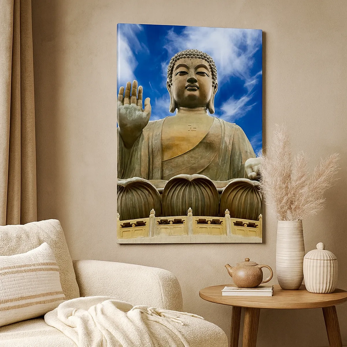 Cuadro sobre lienzo - Impresión de Imagen - Una estatua monumental de Buda contra un cielo azul con nubes. - 50x70cm - Vivir sin miedo - Decoración de pared moderna para salón y dormitorio ARTTOR