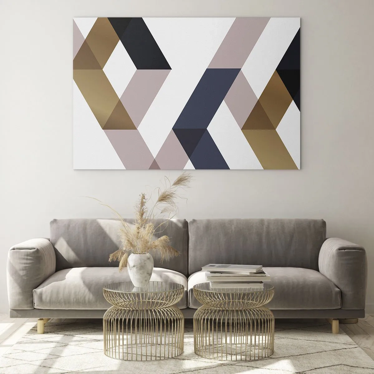 Cuadro sobre vidrio - Impresiones sobre Vidrio - Patrón geométrico en tonos dorados y beige. - 100x70cm - Rectas y ángulos - Decoración de pared moderna para salón y dormitorio ARTTOR