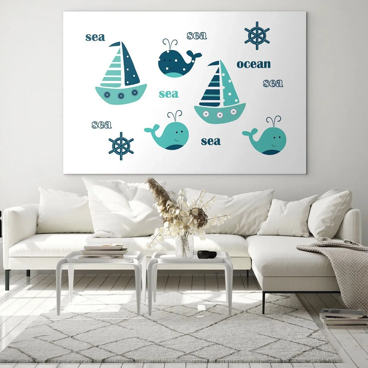 Cuadro sobre vidrio - Impresiones sobre Vidrio - Temática náutica con veleros y ballenas. - 70x50cm - A través de mares y océanos - Decoración de pared moderna para salón y dormitorio ARTTOR