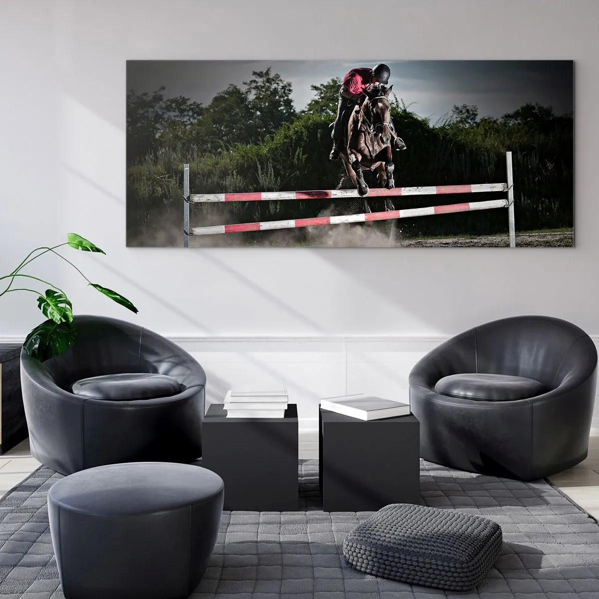Cuadro sobre vidrio - Impresiones sobre Vidrio - Un jinete a caballo saltando sobre un obstáculo en una pista de carreras. - 120x50cm - Juntos por la victoria - Decoración de pared moderna para salón y dormitorio ARTTOR