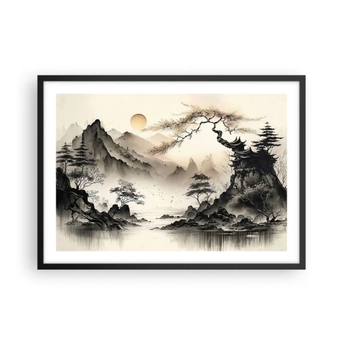 Póster en marco negro - Un paisaje oriental con montañas y una pagoda en tonos delicados. - 70x50cm - El encanto único de Oriente - Decoración de pared moderna para salón y dormitorio ARTTOR