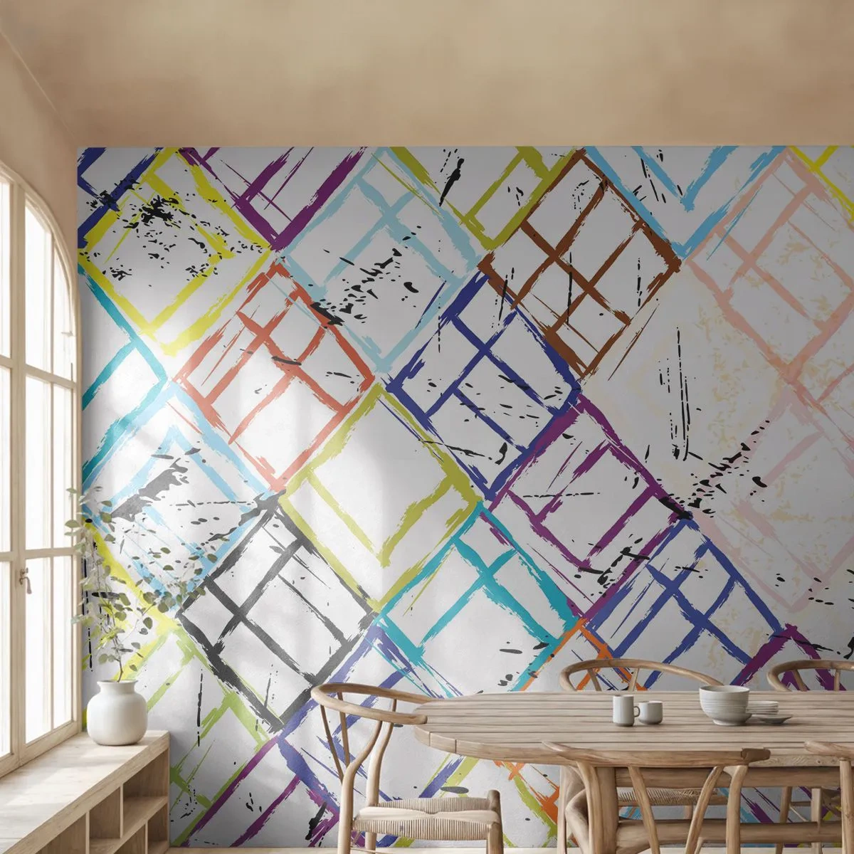 Fotomural Premium Canvas - Abstracción colorida con formas geométricas sobre un fondo blanco. - 100x70cm - Habitáculos en alquiler - Decoración de pared moderna para salón y dormitorio ARTTOR