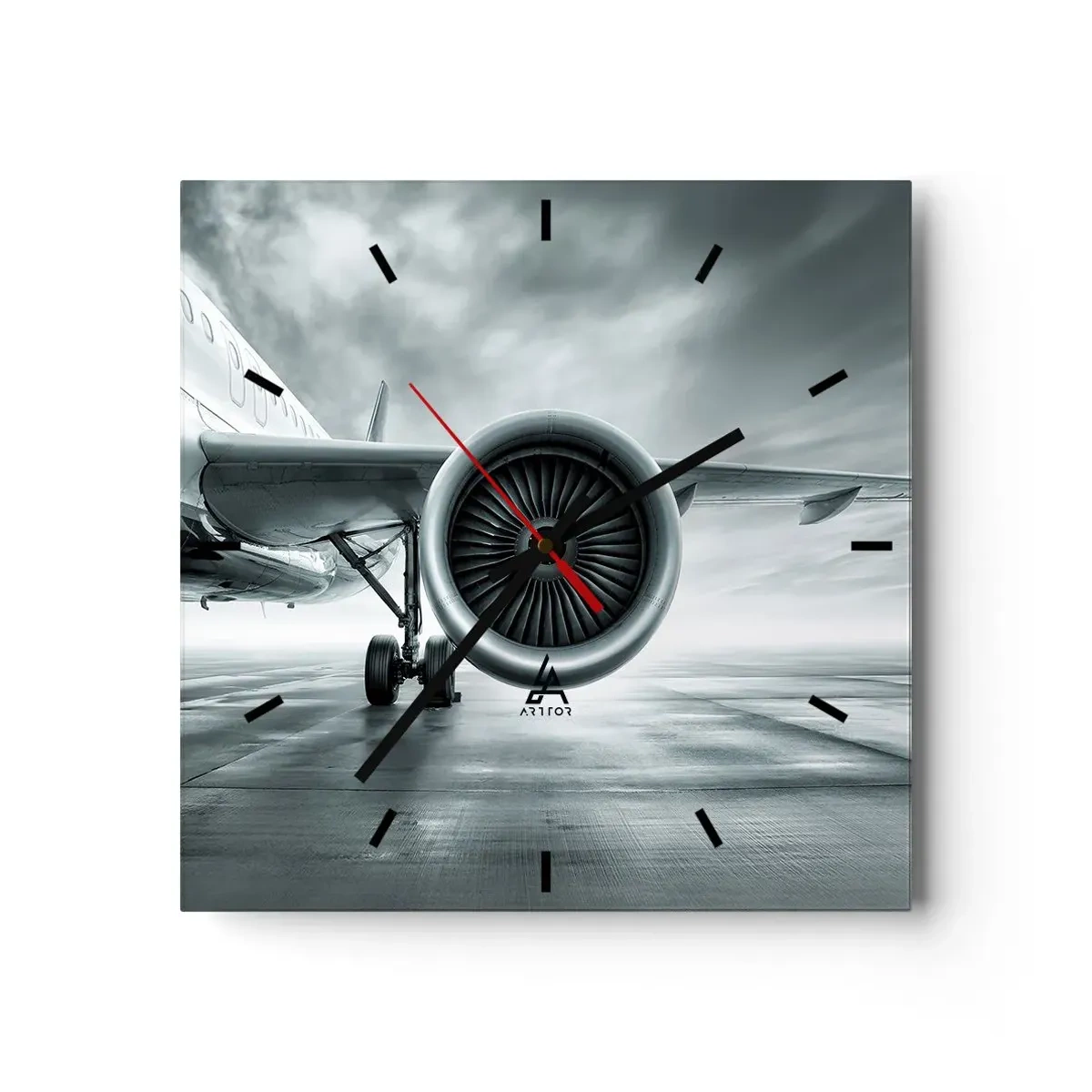 Reloj de pared - Reloj de vidrio - El motor a reacción de un avión en la pista - 30x30cm - Hay poder - Decoración de pared moderna para salón y dormitorio ARTTOR