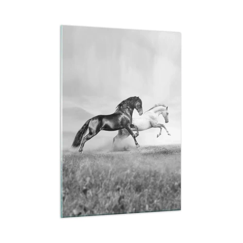 Cuadro sobre vidrio - Impresiones sobre Vidrio - Caballos blancos y negros en un entorno dinámico. - 50x70cm - Ángeles y demonios - Decoración de pared moderna para salón y dormitorio ARTTOR