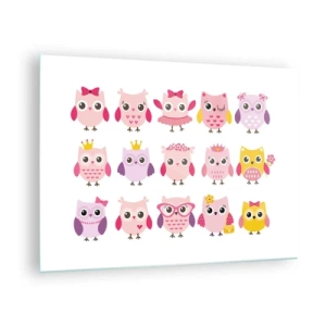 Cuadro sobre vidrio - Impresiones sobre Vidrio - Búhos coloridos en varios patrones sobre un fondo blanco. - 70x50cm - Uno más dulce que el otro - Decoración de pared moderna para salón y dormitorio ARTTOR