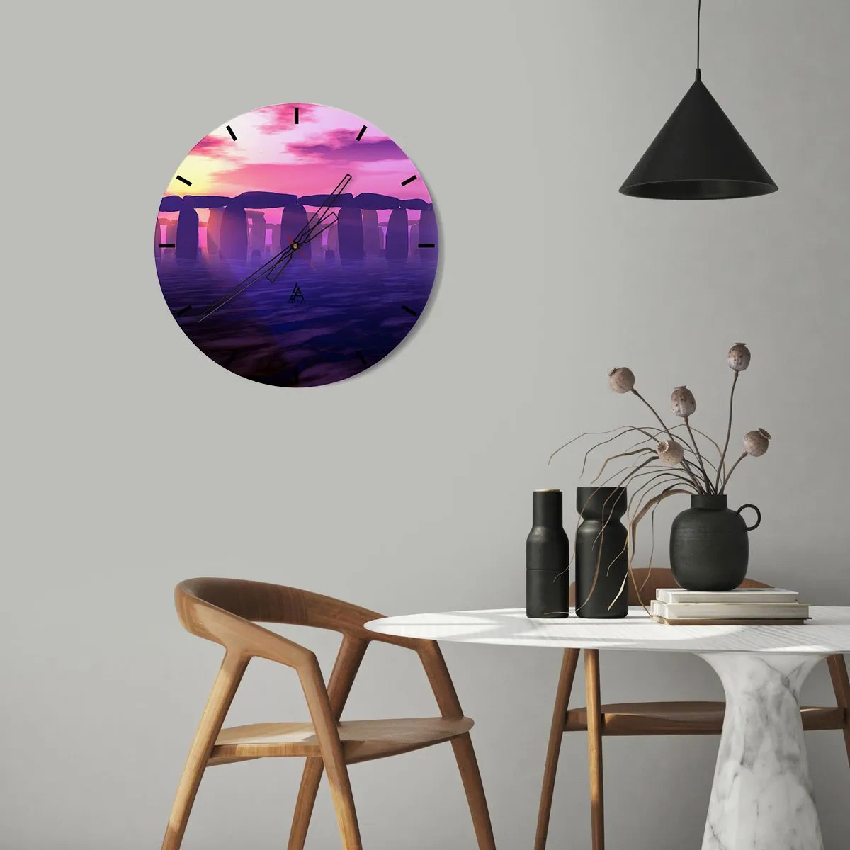 Reloj de pared - Reloj de vidrio - Un círculo de piedras a la luz del sol poniente. - 30x30cm - Misterio al amanecer en la niebla - Decoración de pared moderna para salón, cocina y dormitorio ARTTOR