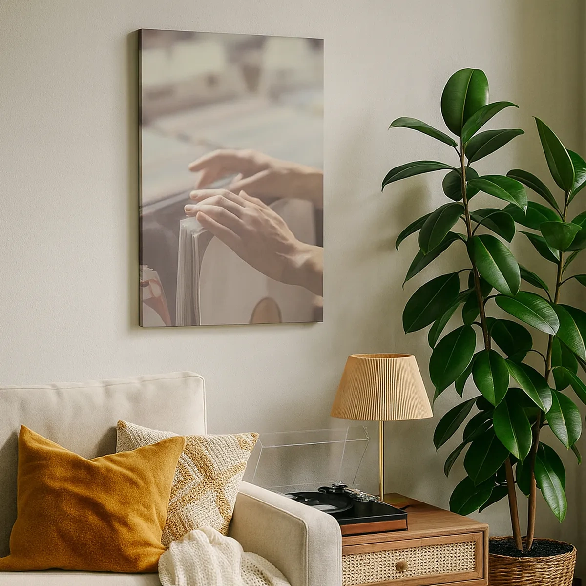 Cuadro sobre lienzo - Impresión de Imagen - Manos mirando a través de una colección de vinilos - 50x70cm - En busca de emociones - Decoración de pared moderna para salón y dormitorio ARTTOR