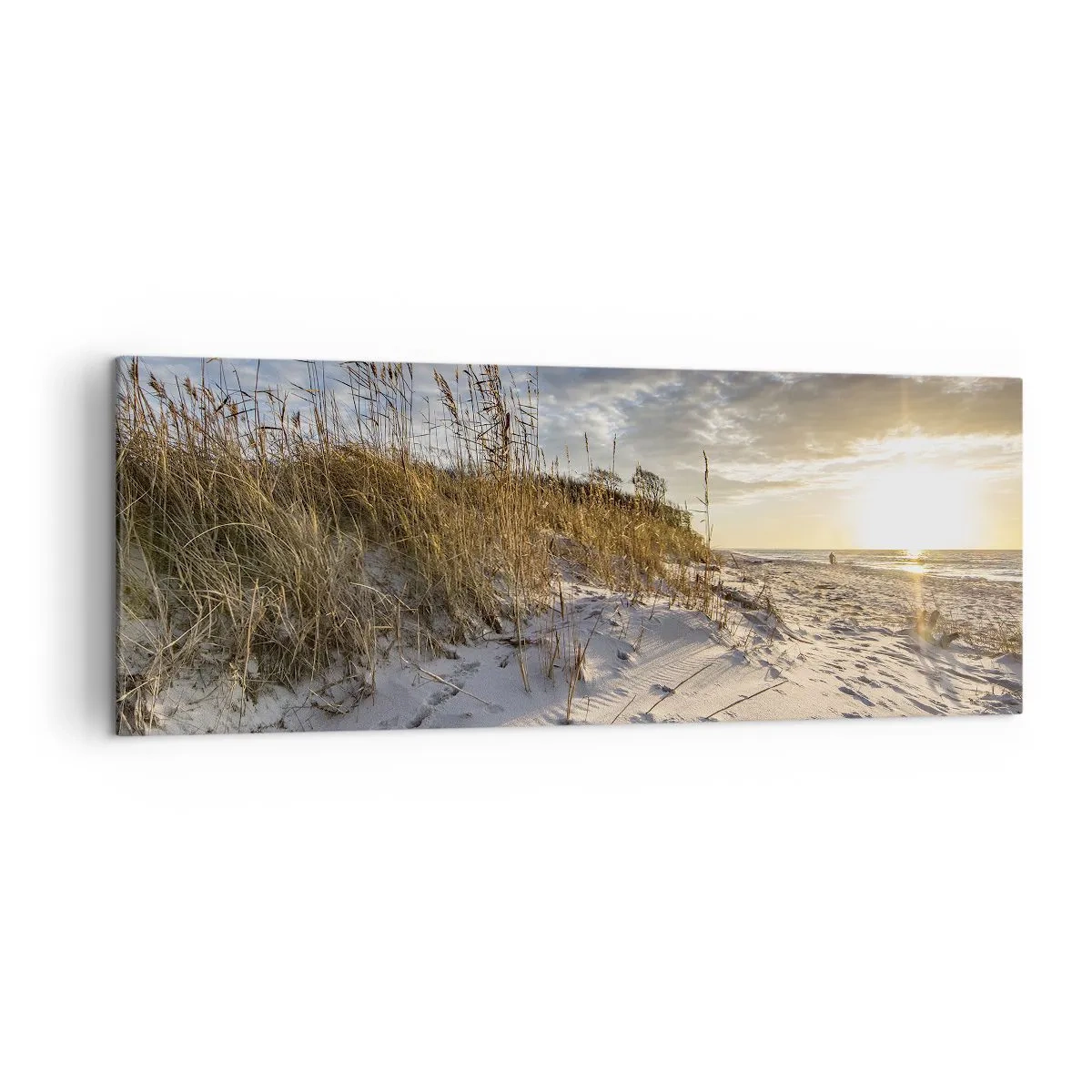 Cuadro sobre lienzo - Impresión de Imagen - Dunas con hierba y huellas en la arena al atardecer - 140x50cm - Invitación a un paseo - Decoración de pared moderna para salón y dormitorio ARTTOR
