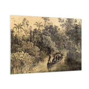 Cuadro sobre vidrio - Impresiones sobre Vidrio - Impresión retro que representa un viaje por la jungla. - 100x70cm - Expedición a la fuente - Decoración de pared moderna para salón y dormitorio ARTTOR