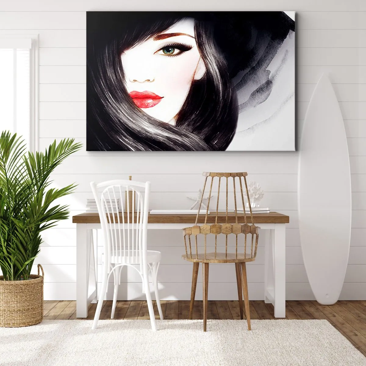 Cuadro sobre lienzo - Impresión de Imagen - Retrato de una mujer con mirada expresiva y labios rojos. - 70x50cm - Mirada de zafiro - Decoración de pared moderna para salón y dormitorio ARTTOR