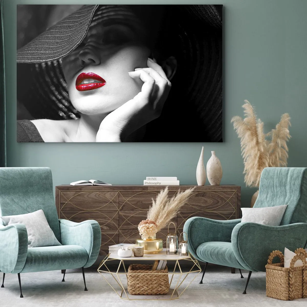 Cuadro sobre lienzo - Impresión de Imagen - Retrato en blanco y negro de una mujer con labios rojos. - 70x50cm - Estudio en escarlata - Decoración de pared moderna para salón y dormitorio ARTTOR