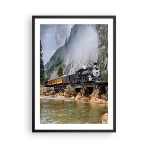 Póster en marco negro - Una locomotora de vapor en un puente rodeado de montañas y un río en un paisaje pintoresco. - 50x70cm - ¿Adónde me llevas? - Decoración de pared moderna para salón y dormitorio ARTTOR