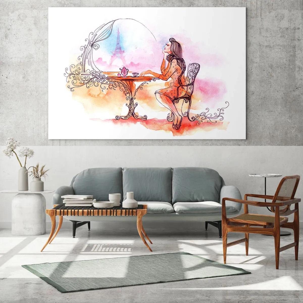 Cuadro sobre vidrio - Impresiones sobre Vidrio - Una mujer en una mesa con vistas a la Torre Eiffel en tonos pastel. - 120x80cm - Estilo parisino - Decoración de pared moderna para salón y dormitorio ARTTOR