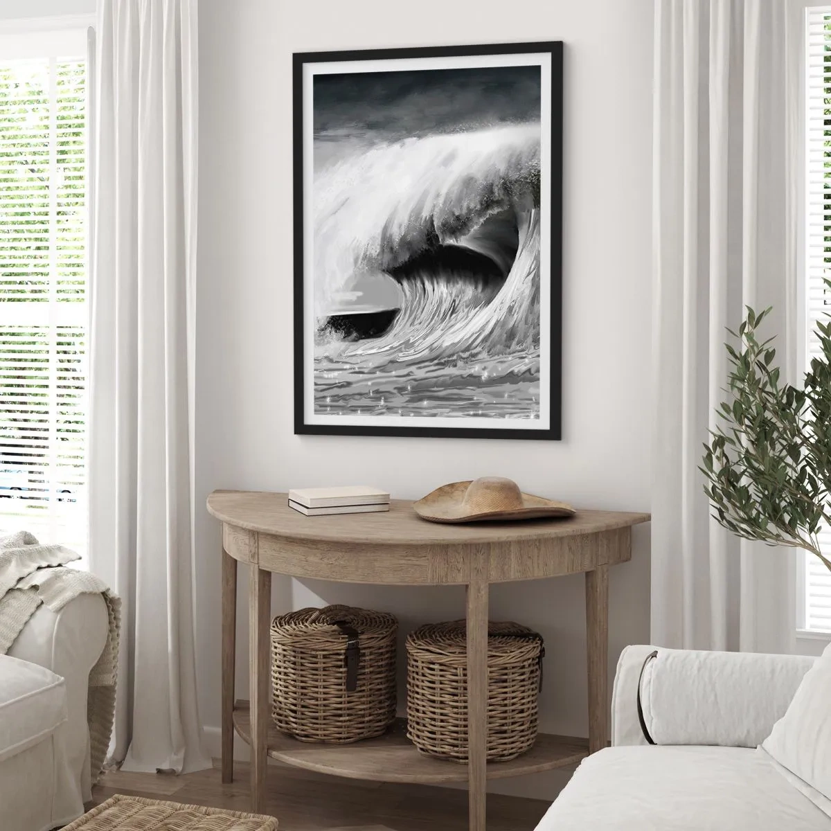 Póster en marco negro - Una poderosa ola en tonos grises - 50x70cm - La ira del océano - Decoración de pared moderna para salón y dormitorio ARTTOR