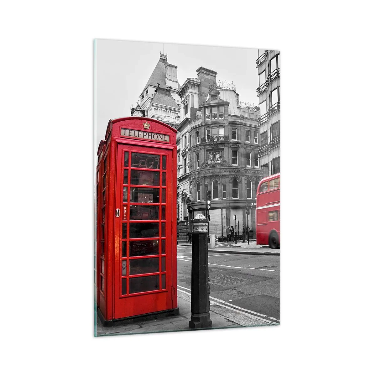 Cuadro sobre vidrio - Impresiones sobre Vidrio - Cabina telefónica roja y autobús en Londres - 50x70cm - El más rojo de Europa - Decoración de pared moderna para salón y dormitorio ARTTOR