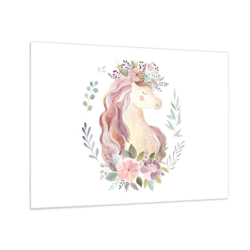 Cuadro sobre vidrio - Impresiones sobre Vidrio - Un unicornio de dibujos animados con una melena de flores pastel. - 70x50cm - Una invitación al mundo de los cuentos de hadas - Decoración de pared moderna para salón y dormitorio ARTTOR