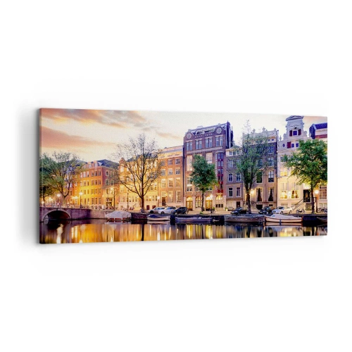 Cuadro sobre lienzo - Impresión de Imagen - Canal con reflejo de casas de vecindad a la luz del atardecer - 120x50cm - La belleza holandesa, sobria y tranquila - Decoración de pared moderna para salón y dormitorio ARTTOR
