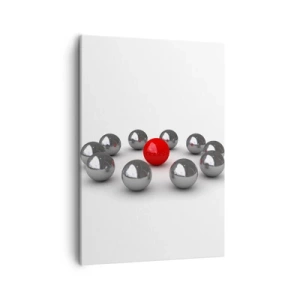 Cuadro sobre lienzo - Impresión de Imagen - Una bola roja rodeada de bolas plateadas sobre un fondo blanco. - 50x70cm - Círculo en plata y rojo - Decoración de pared moderna para salón y dormitorio ARTTOR
