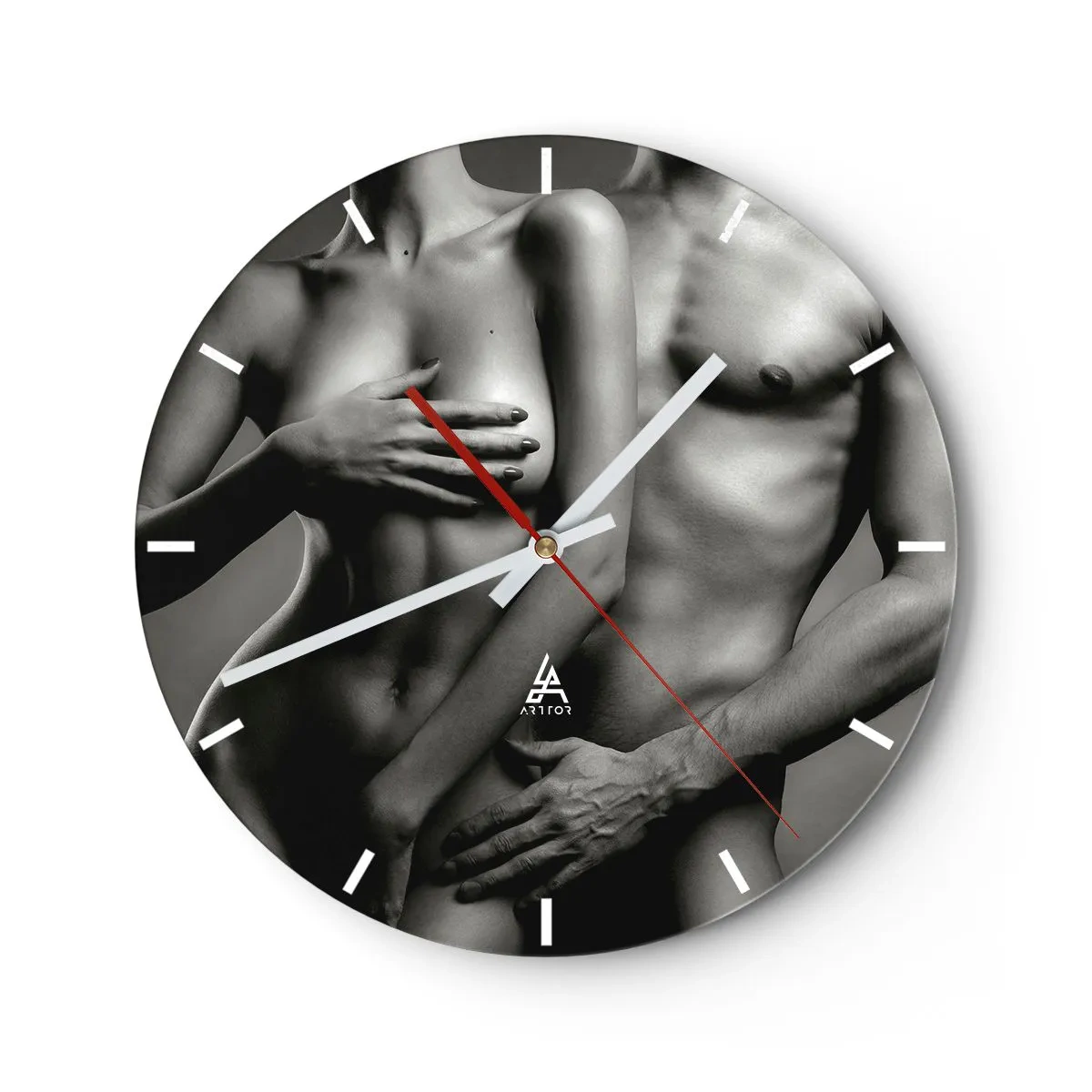 Reloj de pared - Reloj de vidrio - Desnudo artístico en tonos blanco y negro - 30x30cm - Adán y Eva - Decoración de pared moderna para salón, cocina y dormitorio ARTTOR