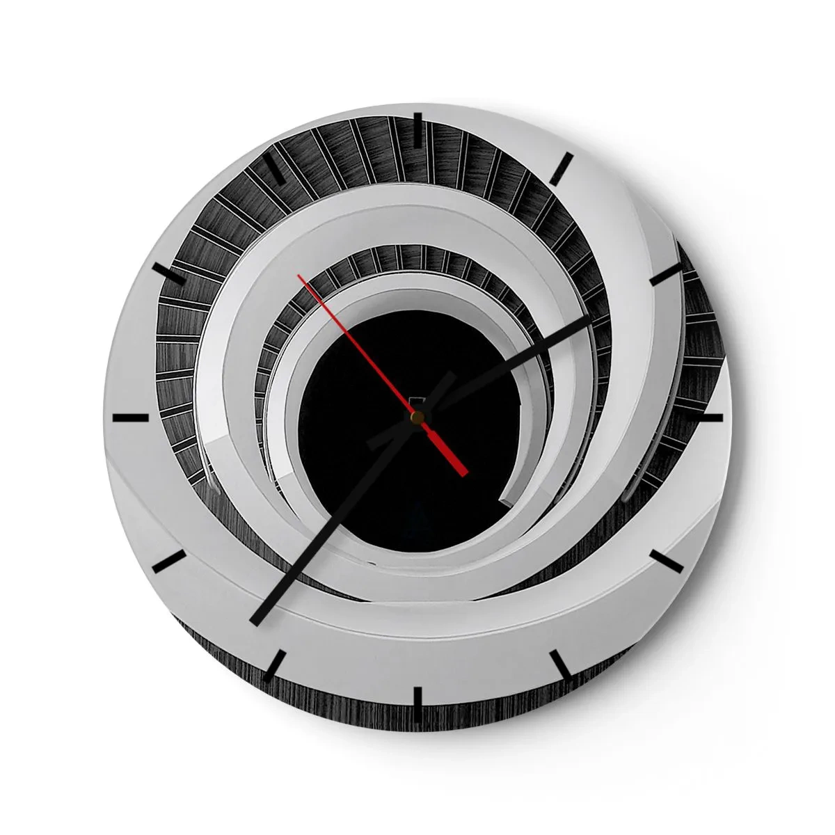 Reloj de pared - Reloj de vidrio - Escalera de caracol en estilo blanco y negro - 30x30cm - Hacia el origen - Decoración de pared moderna para salón, cocina y dormitorio ARTTOR
