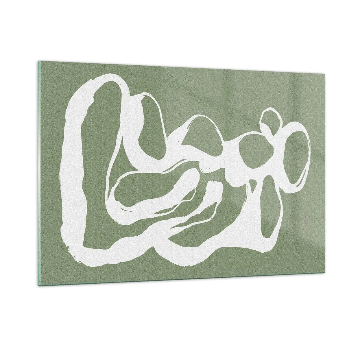 Cuadro sobre vidrio - Impresiones sobre Vidrio - Forma orgánica abstracta blanca sobre un fondo oliva - 120x80cm - La llamada del espacio - Decoración de pared moderna para salón y dormitorio ARTTOR