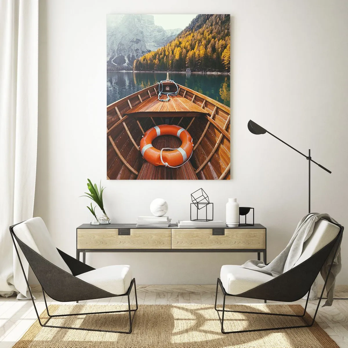 Cuadro sobre vidrio - Impresiones sobre Vidrio - Vista desde un barco de madera de un lago de montaña y un bosque otoñal. - 50x70cm - Viaje a la montaña - Decoración de pared moderna para salón y dormitorio ARTTOR