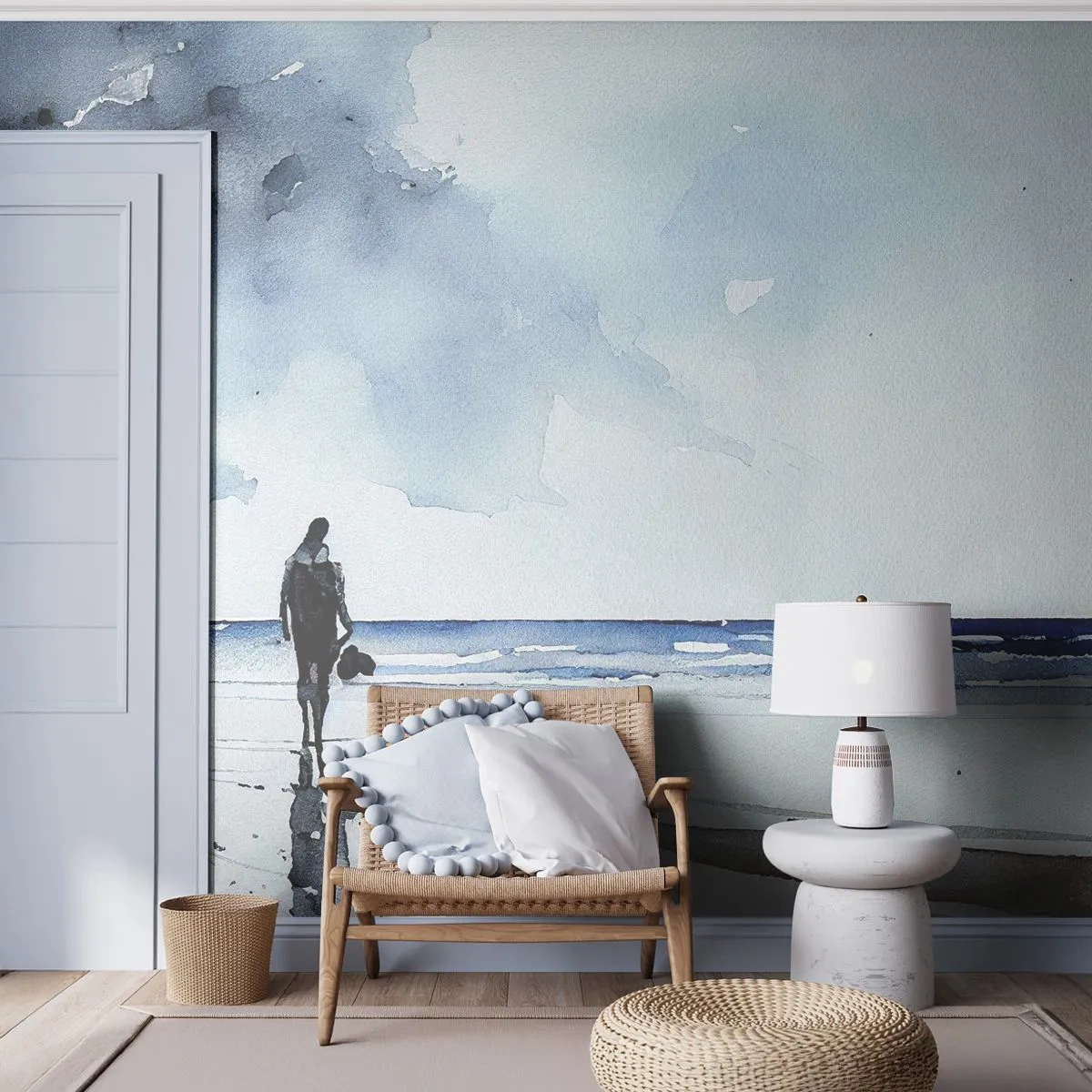 Fotomural Premium Sand - Una figura solitaria con el mar y el cielo en calma como telón de fondo. - 100x70cm - Conversación con el mar - Decoración de pared moderna para salón y dormitorio ARTTOR