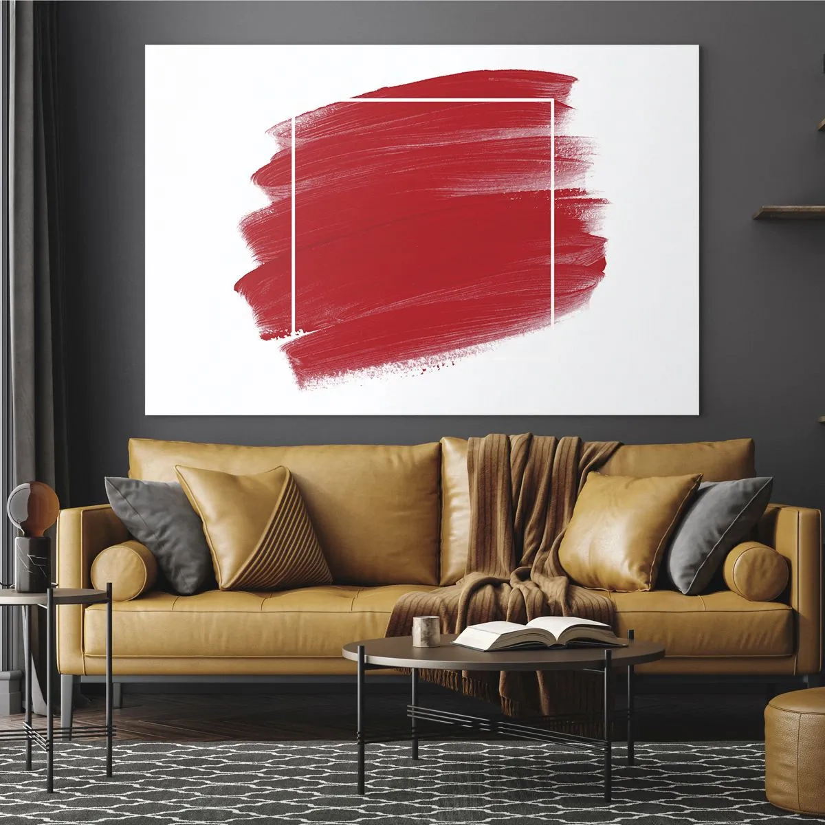 Cuadro sobre vidrio - Impresiones sobre Vidrio - Mancha roja abstracta con un marco blanco - 70x50cm - Fuera del marco - Decoración de pared moderna para salón y dormitorio ARTTOR